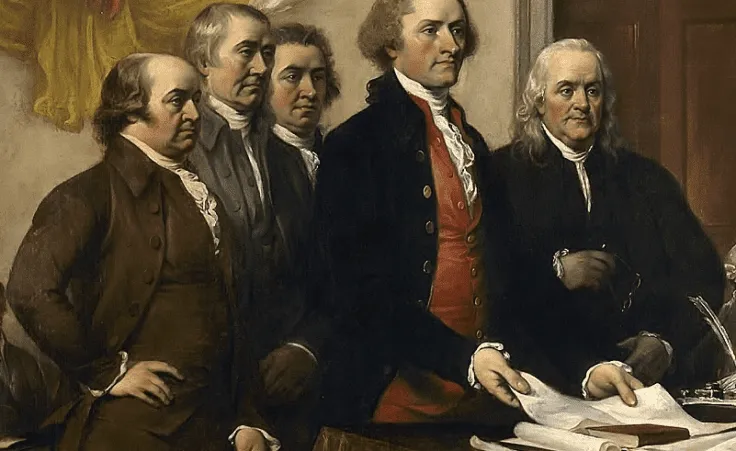 Thomas Jefferson and John Adams along with the other members of the Committee of Five present their work, June 1776, detail of John Trumbull's 1819 painting Declaration of Independence. By John Trumbull - US Capitol, Public Domain.