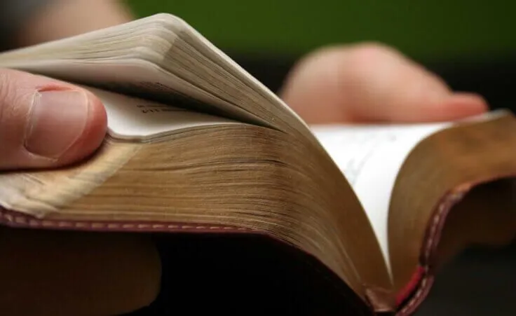 Close-up of an open Bible held by two hands on each side. By Mele Avery/stock.adobe.com