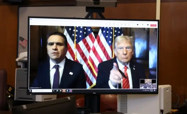U.S. President-elect Donald Trump appears remotely for a sentencing hearing in front of New York State Judge Juan Merchan in the criminal case in which he was convicted in 2024 on charges involving hush money paid to a porn star, at New York Criminal Court in Manhattan in New York, Jan. 10, 2025. (Brendan McDermid via AP, Pool)