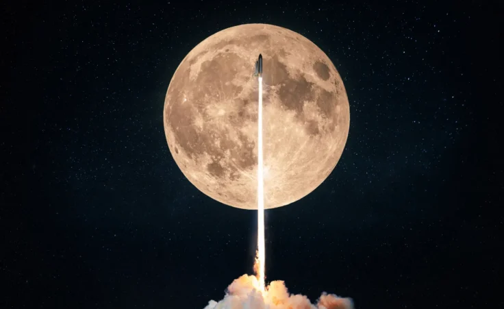 Concept image of a rocket launch into space on the background of a full moon with craters and stars. By alones/stock.adobe.com. Hotel on the moon, GRU.