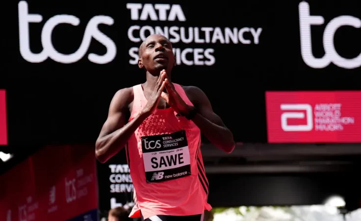 Sabastian Sawe after winning the Men's elite race during the 2026 TCS London Marathon. Picture date: Sunday April 26, 2026. 84427833 (Press Association via AP Images)