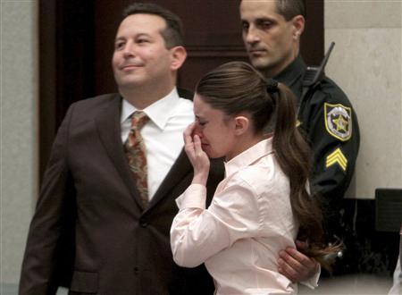 Casey Anthony cries next to her attorney Jose Baez after she was acquitted on first degree murder charges of her daughter Caylee (Credit: Reuters/Red Huber/Pool)