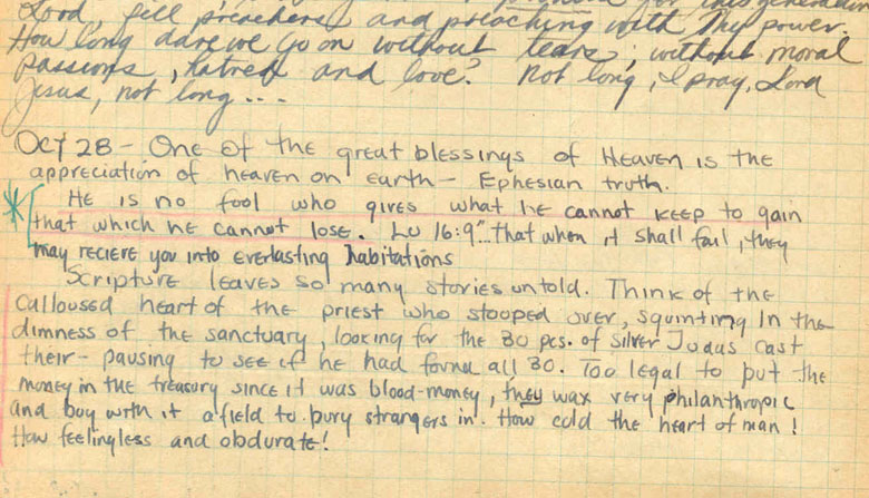 Below is a reproduction of the actual entry for October 28, 1949 in its entirety from Jim Elliot's personal journal, from the archives at the Billy Graham Center at Wheaton College (Collection 277, Box 1, Folder 8). Credit: Jim Elliot/Wheaton College Archives