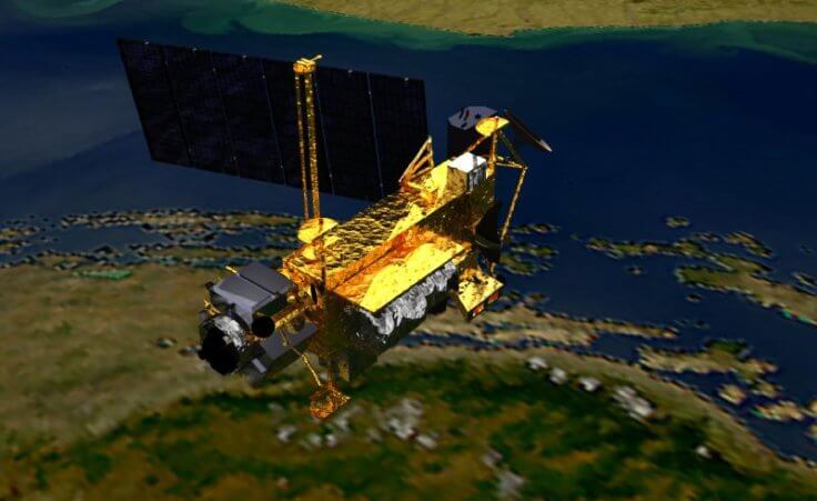 This conceptual image shows the Upper Atmosphere Research Satellite, launched on Sept. 15, 1991, by the space shuttle Discovery. Originally designed for a three-year mission, UARS measured chemical compounds found in the ozone layer, wind and temperature in the stratosphere, as well as the energy input from the sun (Credit: NASA)