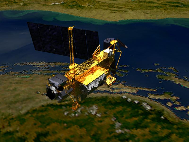 This conceptual image shows the Upper Atmosphere Research Satellite, launched on Sept. 15, 1991, by the space shuttle Discovery. Originally designed for a three-year mission, UARS measured chemical compounds found in the ozone layer, wind and temperature in the stratosphere, as well as the energy input from the sun (Credit: NASA)