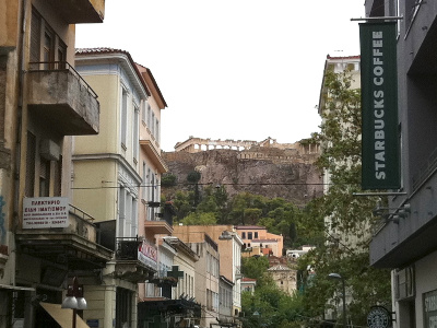 view of the Acropolis from street near Starbucks (Credit: Jeff Byrd of Denison Forum on Truth and Culture)