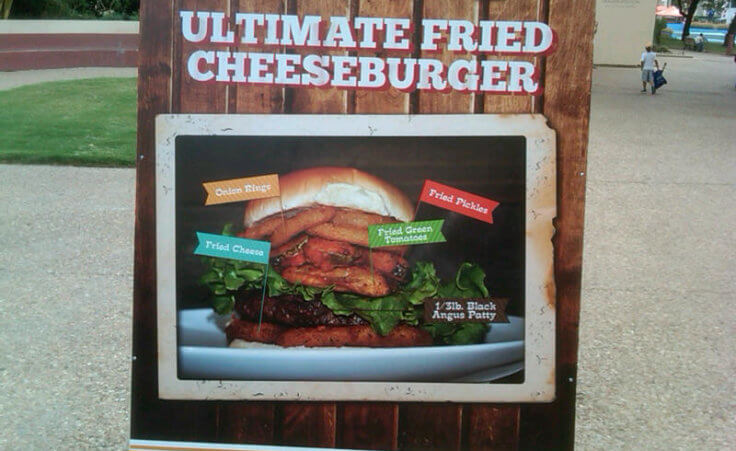 Fried Cheeseburger display at the State Fair of Texas