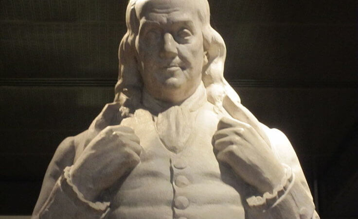 Statue of Benjamin Franklin in the National Portrait Gallery in Washington, DC, US government permanent collection. Public domain (Credit: Billy Hathorn via en.wikipedia.org)