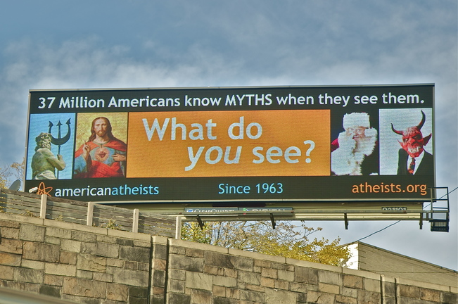 Atheist Christmas billboard for 2011 outside the New Jersey side of the Lincoln Tunnel (Credit: Lulis Leal)