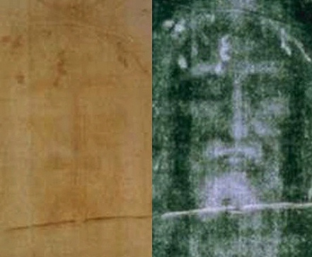 The Shroud of Turin: modern photo of the face, positive left, negative right. Negative has been contrast enhanced (Credit: author unknown via en.wikipedia.org)