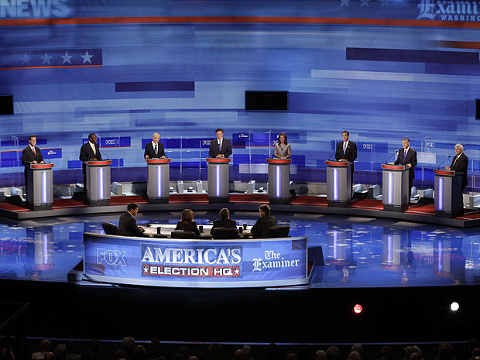 Republican presidential candidates are pictured during the Iowa GOP/Fox News Debate at the CY Stephens Auditorium in Ames, Iowa, August 11, 2011 (Credit: IowaPolitics.com via Flickr)