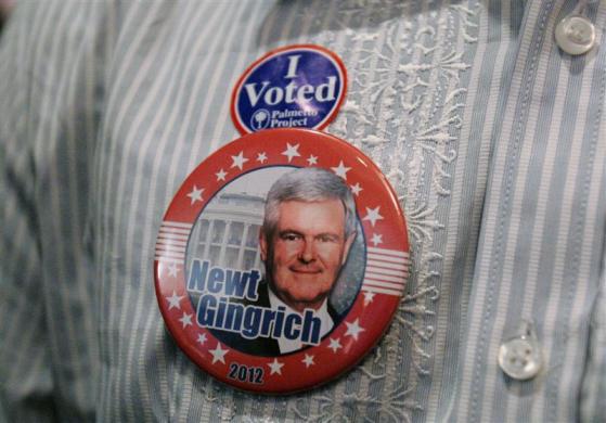 A button supporting Republican presidential candidate and former U.S. House Speaker Newt Gingrich is pictured on a voter's shirt at his South Carolina primary election night rally in Columbia, South Carolina, January 21, 2012 (Credit: Reuters/Mary Ann Chastain)