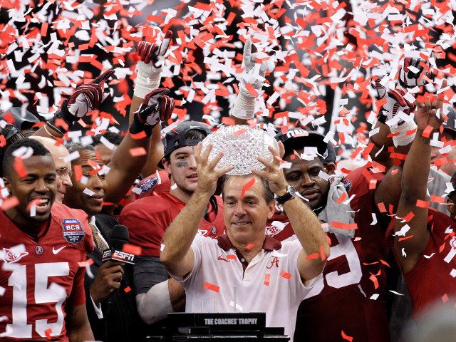 Alabama head coach Nick Saban celebrates with his team after the BCS National Championship college football game against LSU Monday, Jan. 9, 2012, in New Orleans (Credit: Gerald Herbert)