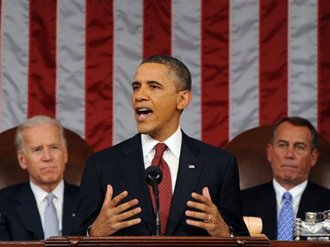 President Obama delivers his State of the Union address to a joint session of Congress on Capitol Hill, January 24, 2012 (Credit: Reuters/Saul Loeb/Pool)