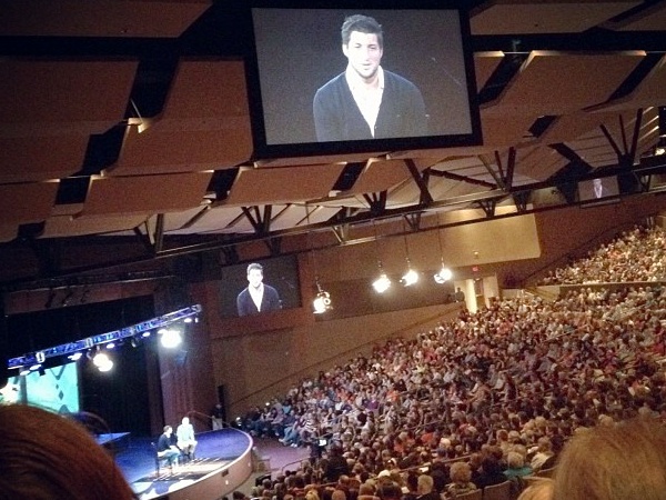 Denver Broncos quarterback Tim Tebow on stage with with Senior Pastor Kevin Odor at Canyon Ridge Church, Las Vegas, March 3-4 (Credit: Terez Owens)