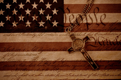 Freedom of religion conceptual image United States flag overlayed by the Constitution and a crucifix (Credit: JcJg Photography - Fotolia.com)