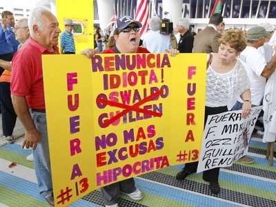 This demonstration Monday outside Marlins Park in Miami reflects the anger sparked by Marlins manager Ozzie Guillen's praise of Fidel Castro, April 10 2012 (Credit: Reuters/Joe Skipper)