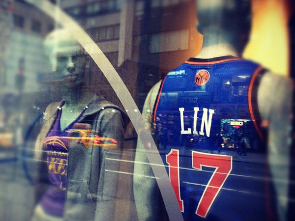 Jeremy Lin jersey seen through a store window in midtown Manhattan (Credit: Eric Molina)
