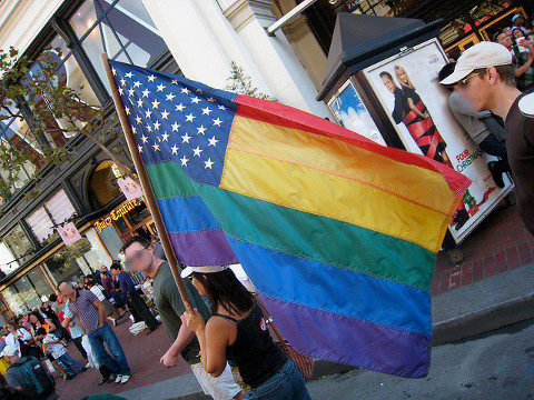 A gay rights flag with the United States blue field of white stars on it at a 2008 protest in San Francisco (Credit: Martin Eno via Flickr)
