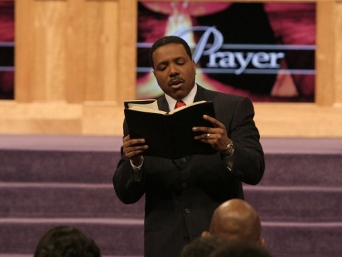 Creflo Dollar, senior pastor, preaching at World Changers Church International in suburban Atlanta (Credit: Creflo Dollar Ministries via Facebook)