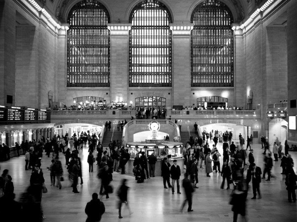 Grand Central Terminal Main Concourse in New York City, facing east, in black & white, April 11, 2008 (Credit: Pete Barr-Watson)