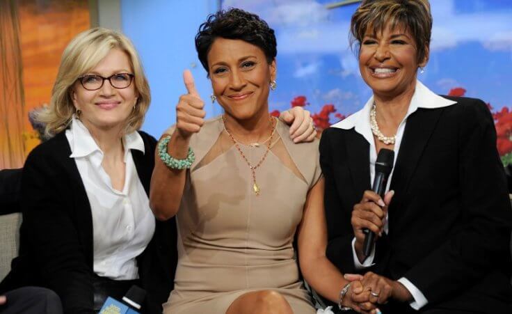 Robin Roberts (C) gives a thumbs up as she discusses her medical condition with Diane Sawyer (L) and Sally Ann Roberts on ABC's ''Good Morning America'' program in this handout photo released June 11, 2012 (Credit: Reuters/Ida Mae Astute/ABC/Handout)