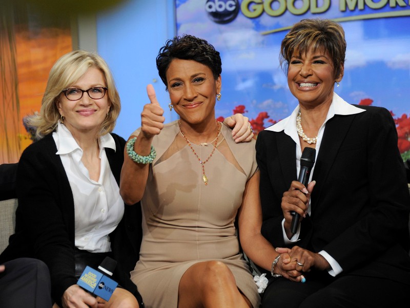 Robin Roberts (C) gives a thumbs up as she discusses her medical condition with Diane Sawyer (L) and Sally Ann Roberts on ABC's ''Good Morning America'' program in this handout photo released June 11, 2012 (Credit: Reuters/Ida Mae Astute/ABC/Handout)