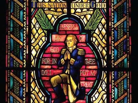 The stained glass window, showing George Washington at prayer, located in the Capitol Prayer Room, U.S. Capitol, Washington, D.C (Credit: Office of the Chaplain for US House of Representatives)