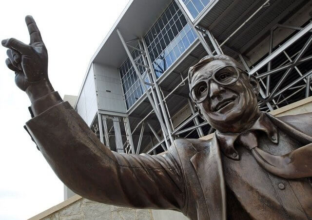 A statue of former Penn State Football coach Joe Paterno stands outside Beaver Stadium on the Penn State campus Wedneday, July 11, 2012, in State College, Pa (Credit: Gene J Puskar / AP)