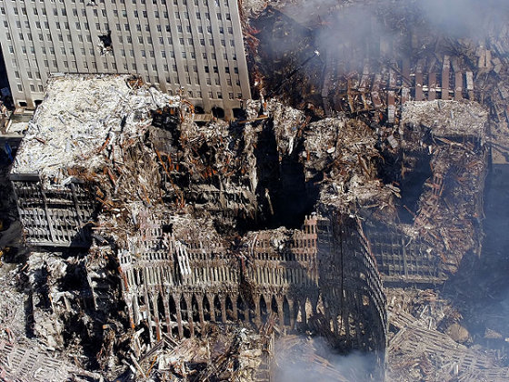 Ground Zero, New York City, N.Y. (Sept. 17, 2001) -- An aerial view shows only a small portion of the crime scene where the World Trade Center collapsed following the Sept. 11 terrorist attack (Credit: US Navy / Chief Photographer Mate Eric J Tilford)