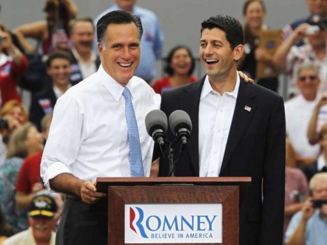 Mitt Romney introduces Rep. Paul Ryan, R-Wis., as his vice-presidential running mate during a campaign event at the retired battleship USS Wisconsin in Norfolk, Virginia, on August 11, 2012 (Credit: Reuters / Jason Reed)