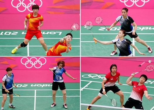 Clockwise from top left, the women’s badminton doubles pairs of China’s Wang Xiaoli, left, and Yu Yang; South Korea’s Jung Kyung-eun, top, and Kim Ha-na, Indonesia’s Greysia Polii and Meiliana Jauhari; and South Korea’s Ha Jung-eun and Kim Min-jung during matches in London. The players were charged with misconduct by the World Badminton Federation (Credit: Reuters / Bazuki Muhammad)