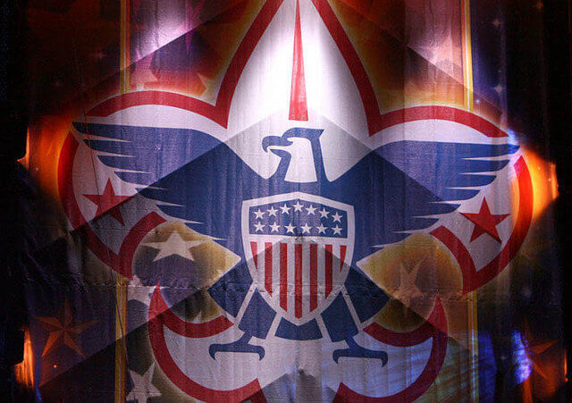 The emblem of the Boy Scouts of America is dramatically displayed at the main arena of the 2010 National Scout Jamboree, celebrating 100 years of the Boy Scouts of America (Credit: Daniel M Reck via Flickr)