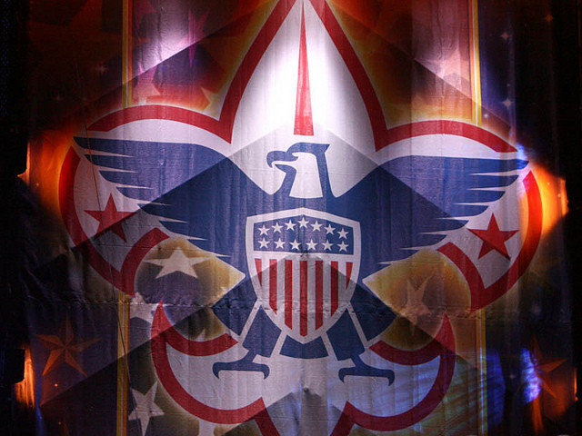 The emblem of the Boy Scouts of America is dramatically displayed at the main arena of the 2010 National Scout Jamboree, celebrating 100 years of the Boy Scouts of America (Credit: Daniel M Reck via Flickr)