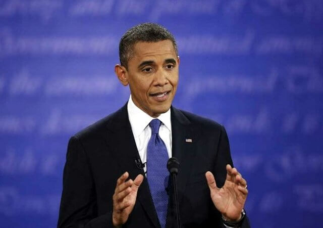 President Barack Obama speaks during the first presidential debate with Republican presidential nominee Mitt Romney at the University of Denver, Wednesday, Oct. 3, 2012, in Denver (Credit: AP / David Goldman)