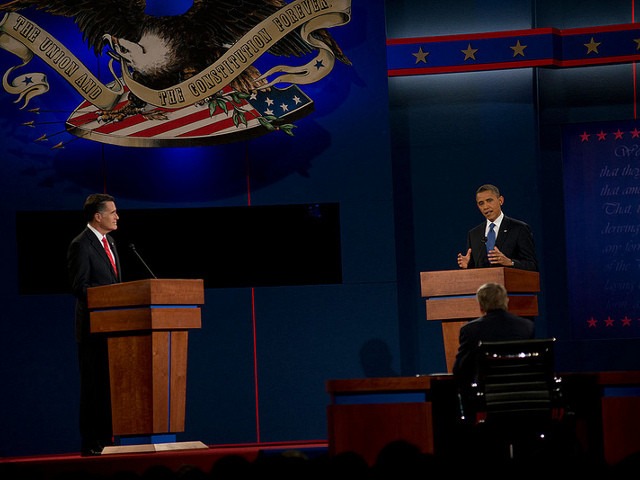Republican presidential candidate, former Massachusetts Gov. Mitt Romney, left, and President Barack Obama, right, shake hands after debate at the University of Denver, Wednesday, Oct. 3, 2012, in Denver (Credit: Scout Tufankjian for Obama for America via Flickr)