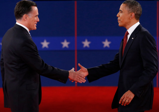 Mitt Romney shakes hands with President Obama at the start of the second U.S. presidential debate in Hempstead, New York (Credit: Reuters/Mike Segar)