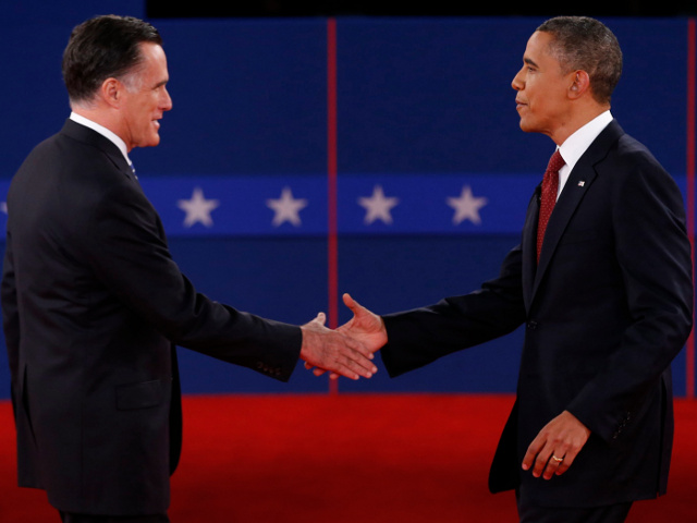 Mitt Romney shakes hands with President Obama at the start of the second U.S. presidential debate in Hempstead, New York (Credit: Reuters/Mike Segar)