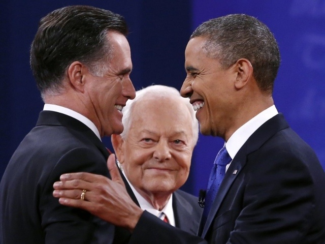 President Obama and Mitt Romney shake hands at the start of the final presidential debate at Lynn University in Boca Raton, October 22, 2012. At center is moderator Bob Schieffer (Credit: Reuters/Kevin Lamarque)