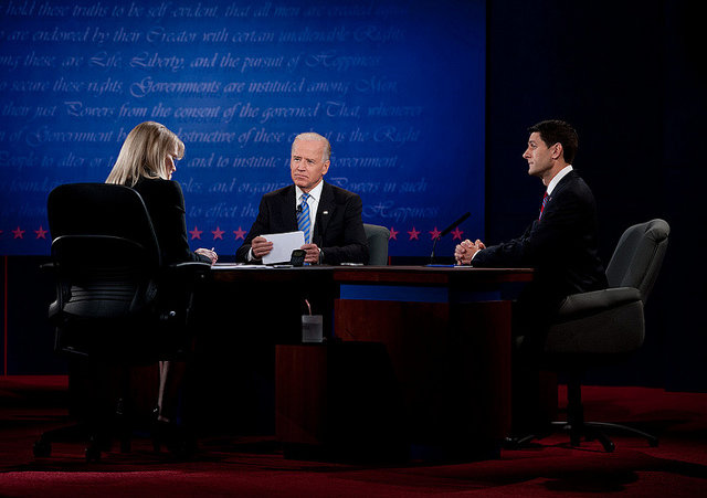 Republican Vice-Presidential nominee Paul Ryan (R) and Vice-President Joe Biden (L) listen to question from moderator Martha Raddatz at the 2012 vice-presidential debate at Centre College in Danville, Kentucky, Thursday, October 11, 2012 (Credit: Christopher Dilts for Obama for America via Flickr)
