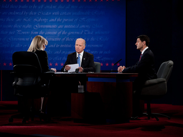 Republican Vice-Presidential nominee Paul Ryan (R) and Vice-President Joe Biden (L) listen to question from moderator Martha Raddatz at the 2012 vice-presidential debate at Centre College in Danville, Kentucky, Thursday, October 11, 2012 (Credit: Christopher Dilts for Obama for America via Flickr)