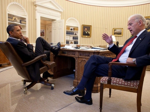 President Barack Obama talks with Vice President Joe Biden in the Oval Office, Nov. 3, 2010. (Official White House Photo by Pete Souza)