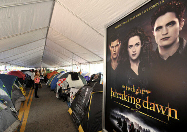 Fans camp out at Twilight Village outside the Staples Center in Los Angeles for the world premiere of Twilight: Breaking Dawn - Part 2. (Credit: Picture Perfect / Rex Features)