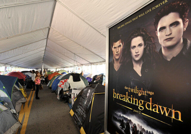 Fans camp out at Twilight Village outside the Staples Center in Los Angeles for the world premiere of Twilight: Breaking Dawn - Part 2. (Credit: Picture Perfect / Rex Features)