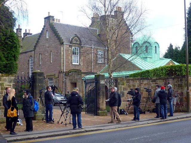 Members of the Press gather outside Cardinal O'Brien's residence in Edinburgh on the day of his resignation. (Credit: Kim Traynor via en.wikipedia.org)