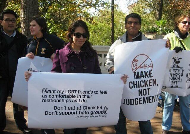 Students at Emory University in Atlanta, Georgia, one of the most LGBT-friendly campuses in the Southeast, hold a protest on campus to try to get Chick-fil-a removed from Cox Hall because of Chick-fil-a's position on gay marriage, October 2012 (Credit: Campus Pride)