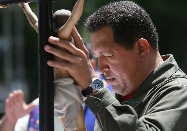 The President of the Bolivarian Republic of Venezuela, Hugo Chavez Frias, participates in the Ecumenical Celebration of the Word in honor of the fallen of February 27, 1989, held in the Plaza Bolivar of Calvary on the 20th anniversay of Caracazo, the riots and protests against free market reforms (Credit: Bernardo Londoy via Flickr)