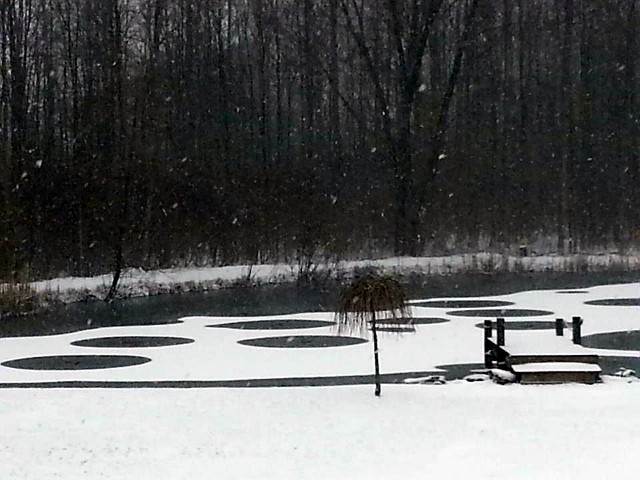A pond during an early spring snowstorm near the home of Eden, New York resident Peggy Gervase, with an unusual pattern of circles in the snow covering the water's surface (Credit: Peggy Gervase via Facebook)