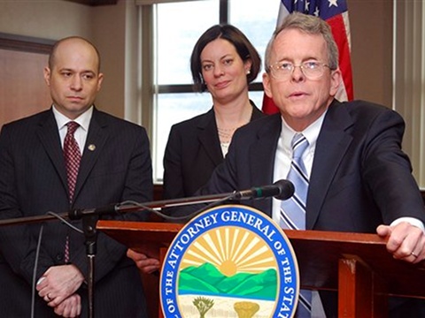 Ohio Attorney General Mike DeWine (right) and Prosecutor Brian Deckert (left) and Prosecutor Marianne Hemmeter (center), answer questions about the successful prosecution of two juveniles in a rape case during a news conference at the Jefferson County Justice Center in Steubenville, Ohio, March 17, 2013 (Credit: AP/Steubenville Herald-Star/Michael D. McElwain)
