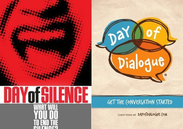 A modified version of a Day of Silence badge and a Day of Dialogue poster merged together into one image. Which approach will you choose (Credit: Day of Silence/Day of Dialogue)